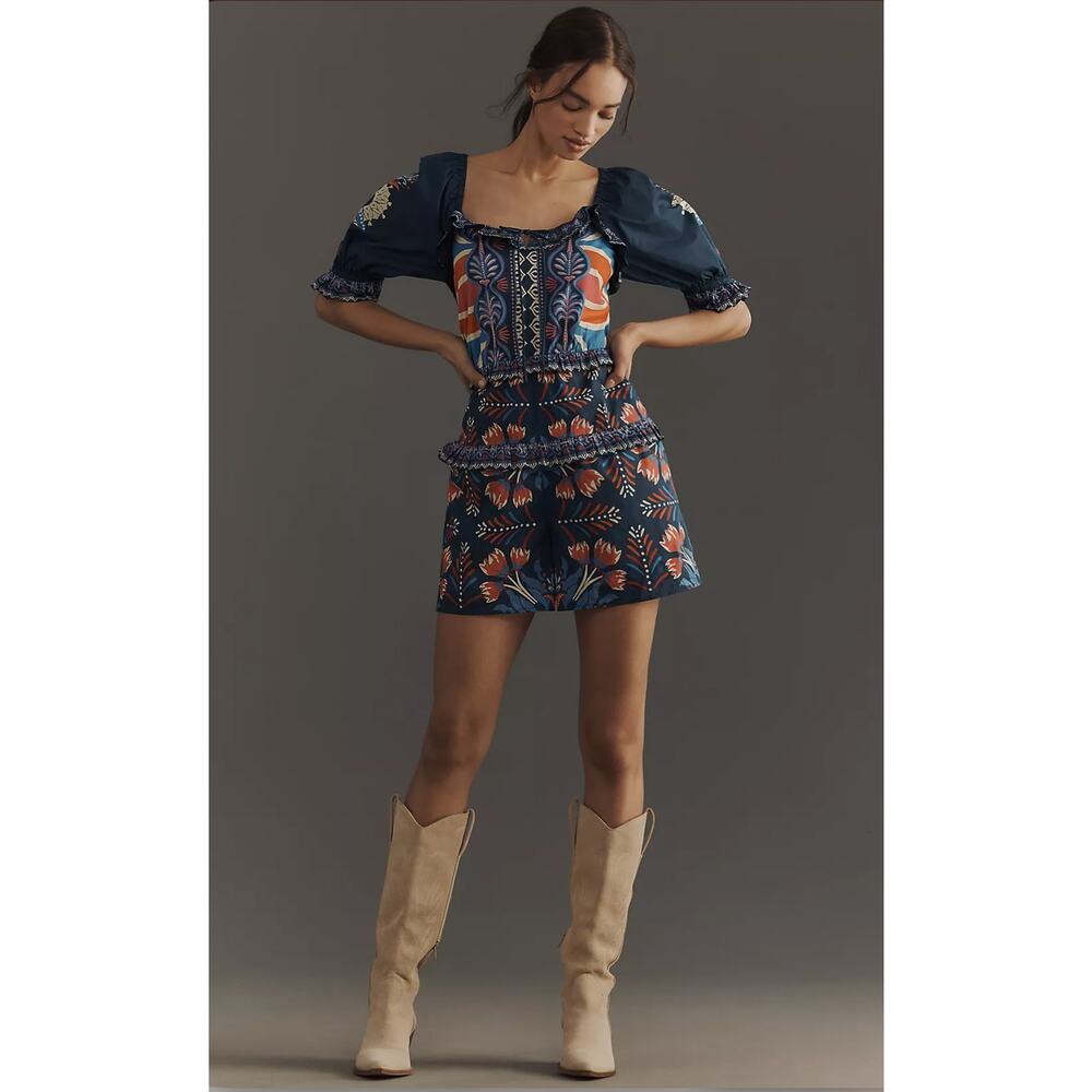 Farm Rio x Anthropologie Puff-Sleeve Ruffled Floral Romper Size Small